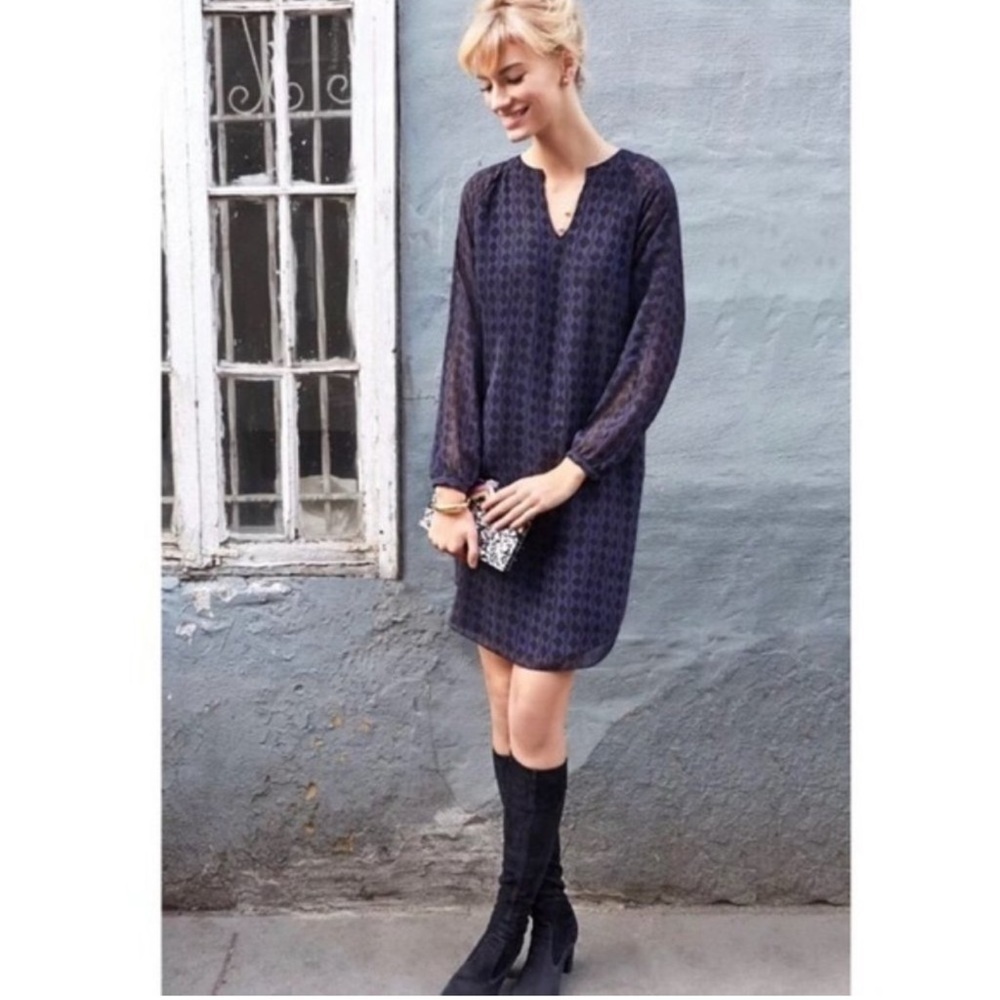 Cabi Womens Long Sleeve Harlequin Blue Geometric Dress Style 3102 Size XS